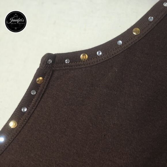 3/$25 Jason Maxwell Brown with Gold & Silver Studded Split Neck Sleeveless Top L - Picture 5 of 10